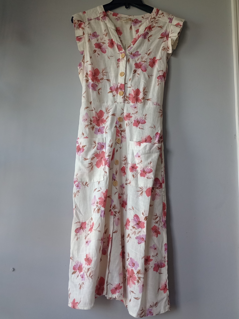 Monteau of Los Angeles Floral Beige Linen Blend Dress Sz S Cottagecore Whimsy